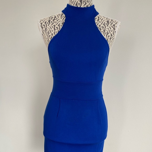 Royal blue mini dress with halter top and back tie detail - Picture 3 of 5